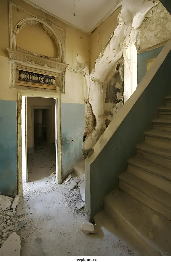 Abandoned Building with Broken Stairs and Dusty Floor