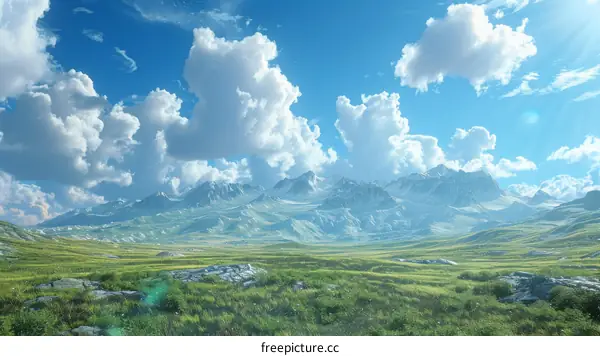Mesmerizing Mountain Panorama with Rolling Green Hills and Majestic Peaks