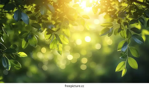 Sunlight shining through green leaves of a tree