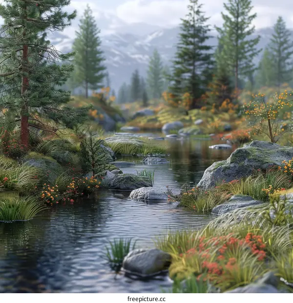 Stones, Flowers and the River in a Dense Forest Landscape