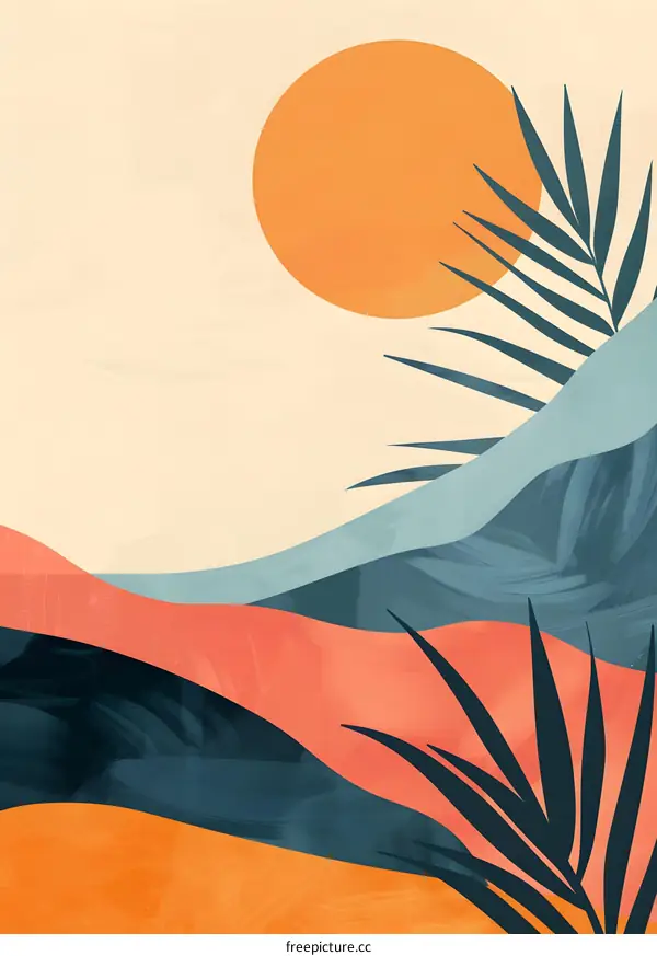 Abstract Minimalist Sun and Palm Leaves Illustration