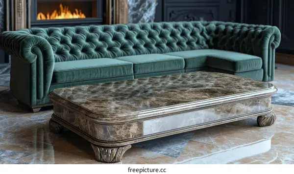 Luxury Green Velvet Sectional Sofa and Marble Coffee Table