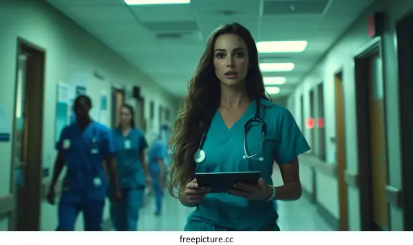 Female Doctor Walking in Hospital Corridor