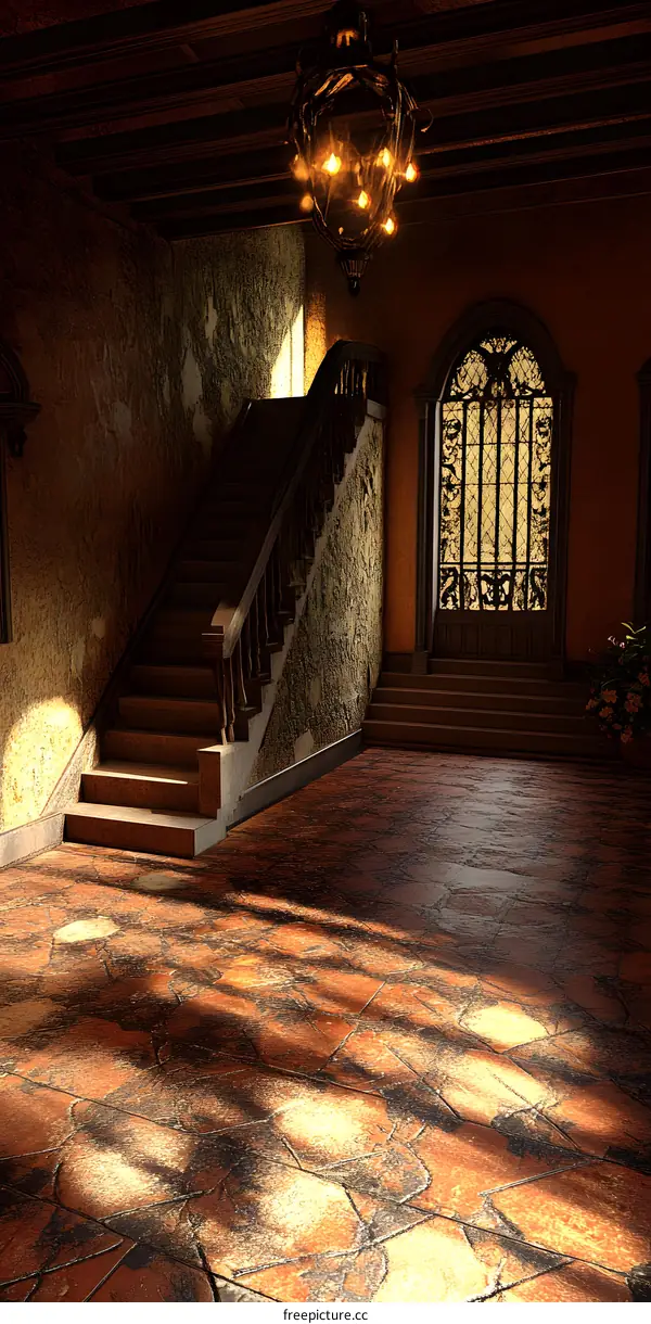 Vintage Interior Design With Stone Stairs And Chandelier