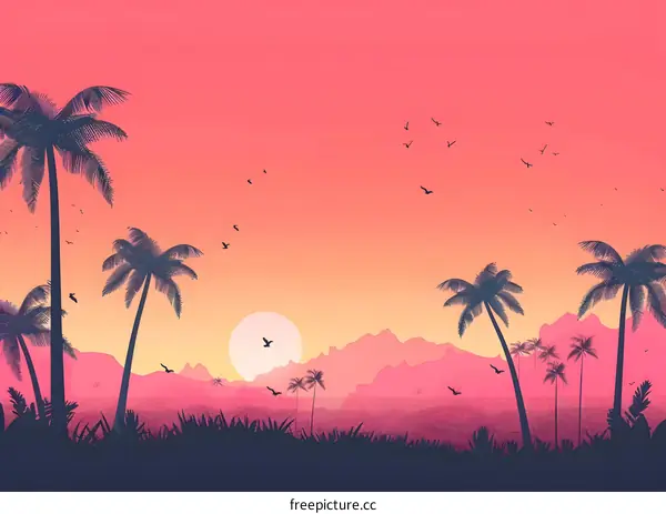 Palm Trees Silhouette Landscape Sunset Background