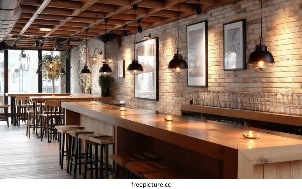 Stylish Wooden Bar with Brick Walls