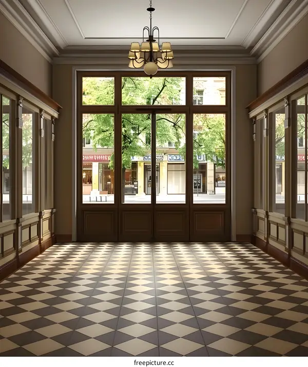 Classic Vintage Building Lobby Interior Design with Diamond Shaped Tiled Floor and Chandelier