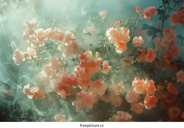 ethereal peach blossoms in the mist