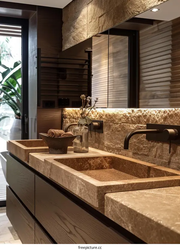 Modern bathroom with double stone sink and wooden cabinets
