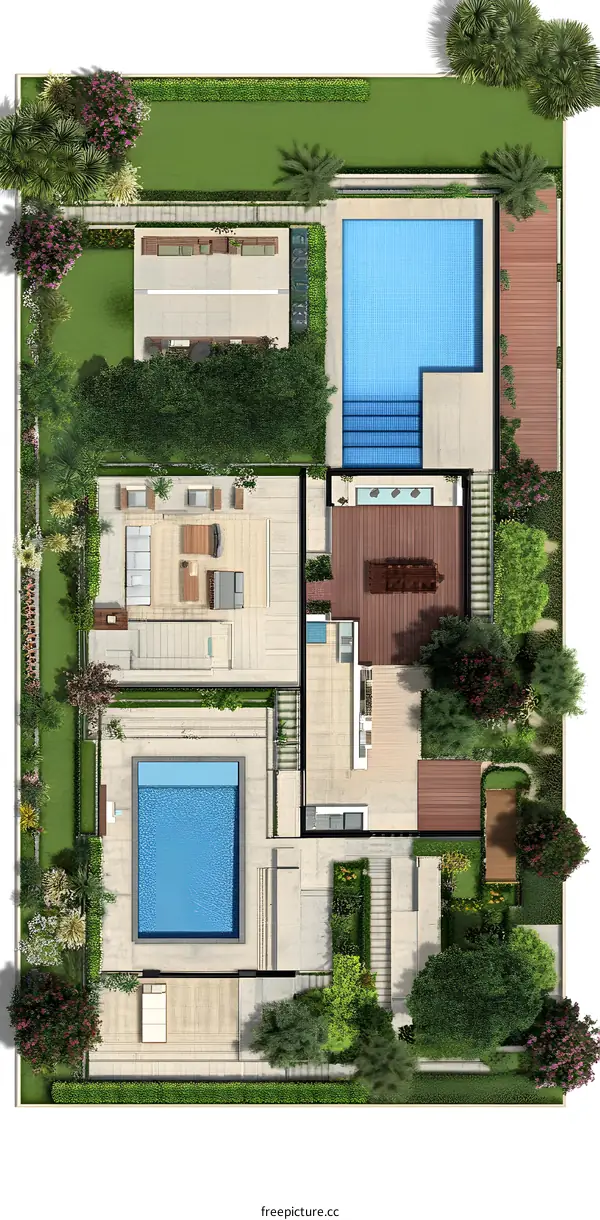 Top View Illustration Of Modern House With Swimming Pool And Garden