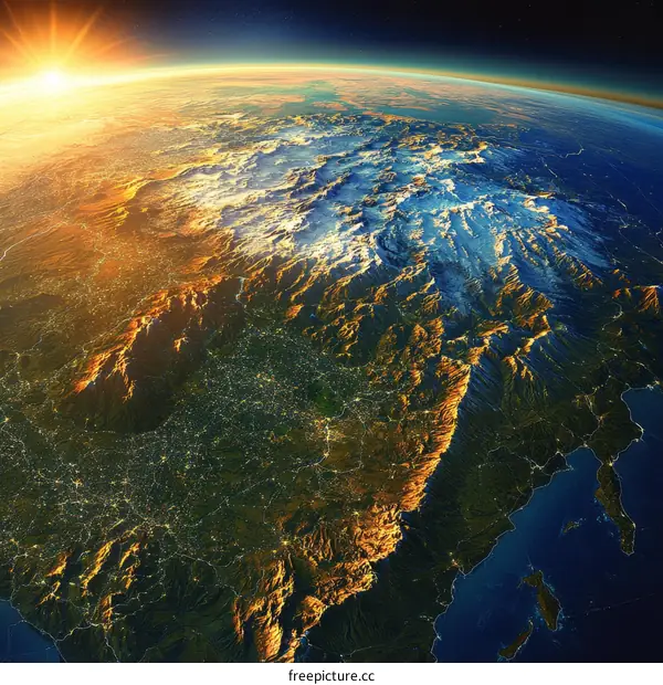 Satellite View of European Mountain Ranges at Sunrise