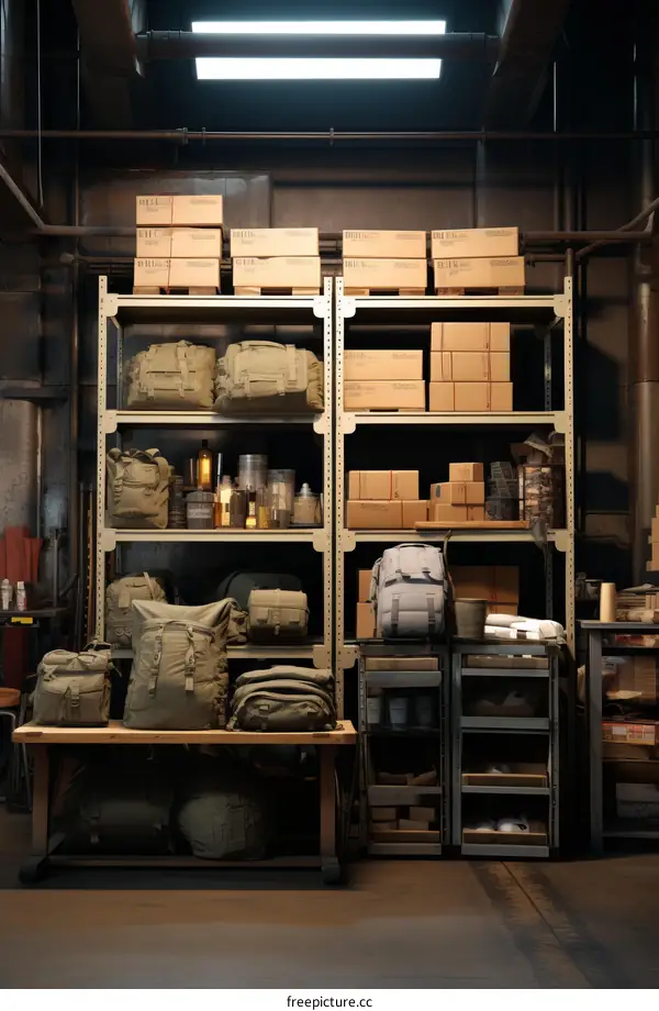 A dimly lit room filled with shelves of various supplies