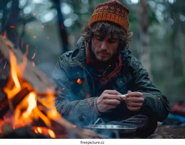Caucasian man starting a campfire in the woods