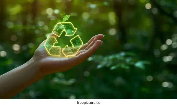 Hand holding a glowing green recycle symbol in the forest