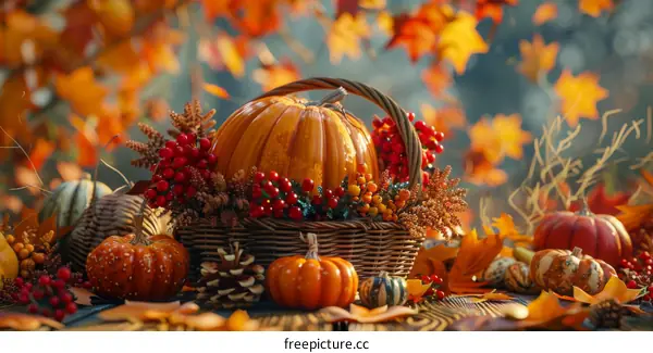 A beautiful still life of a pumpkin and gourds in a basket with fall leaves and berries.