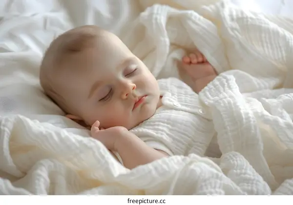 An adorable baby is sleeping soundly under a blanket