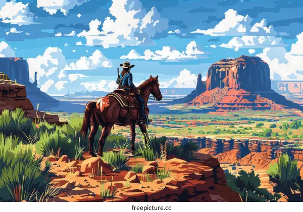 A cowboy is riding on a horse in the desert and looking at the vast landscape.