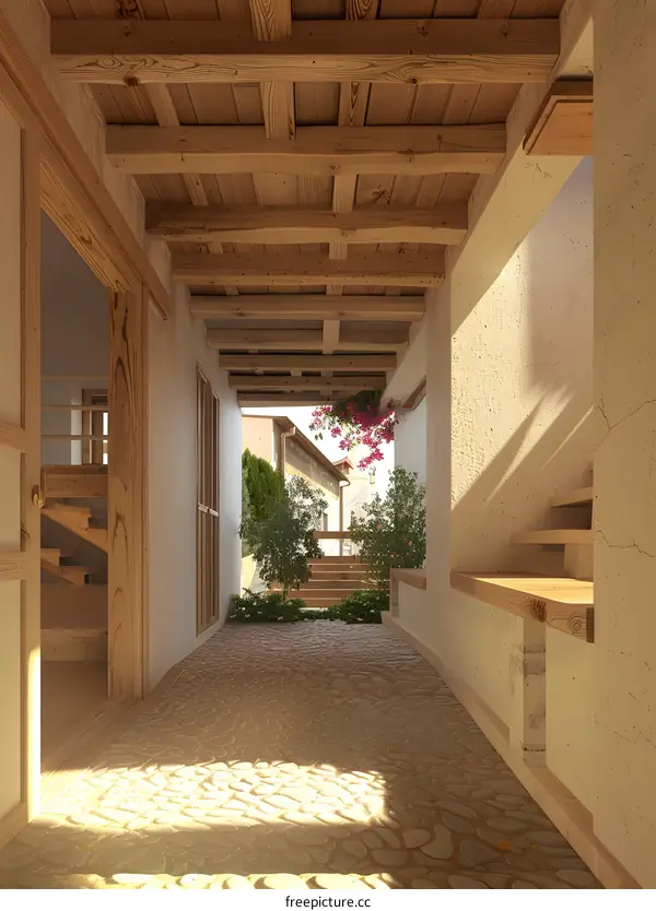 Modern Wooden House Interior Design With Cobblestone Pathway