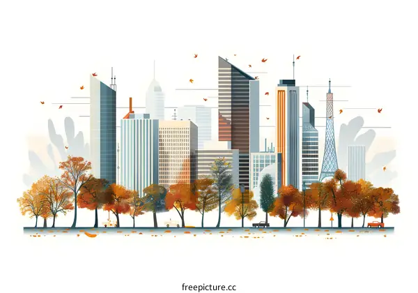 Modern Cityscape with Autumn Trees Illustration