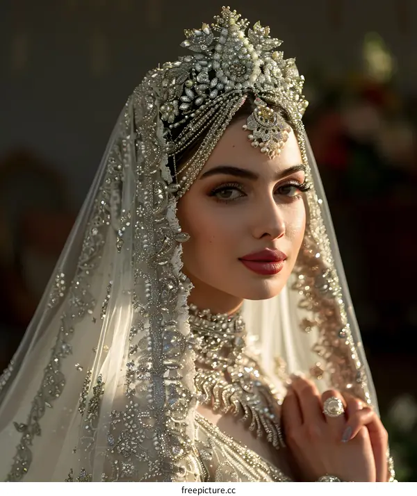 A beautiful bride wearing a traditional wedding dress and headpiece.