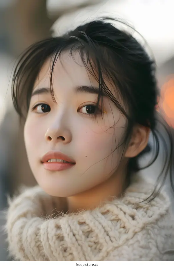 Close Up Portrait of Young Asian Woman Wearing a Knit Sweater