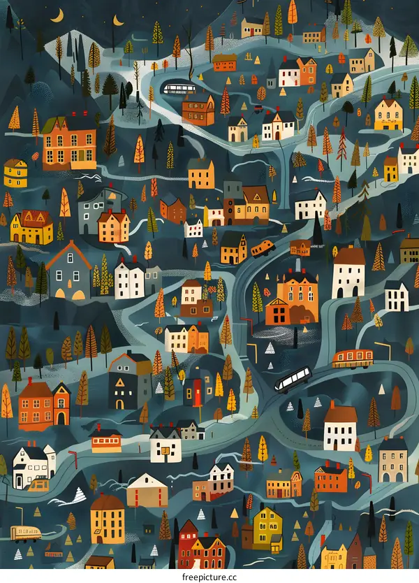 Night Town with Winding Roads and Houses