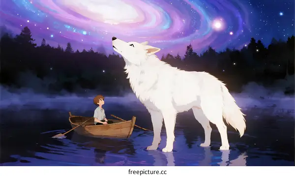 A Boy in a Boat Under a Starry Night with a White Wolf