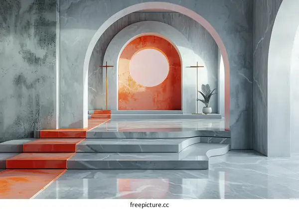 Modern Minimalist Interior with Orange Podium and Arch