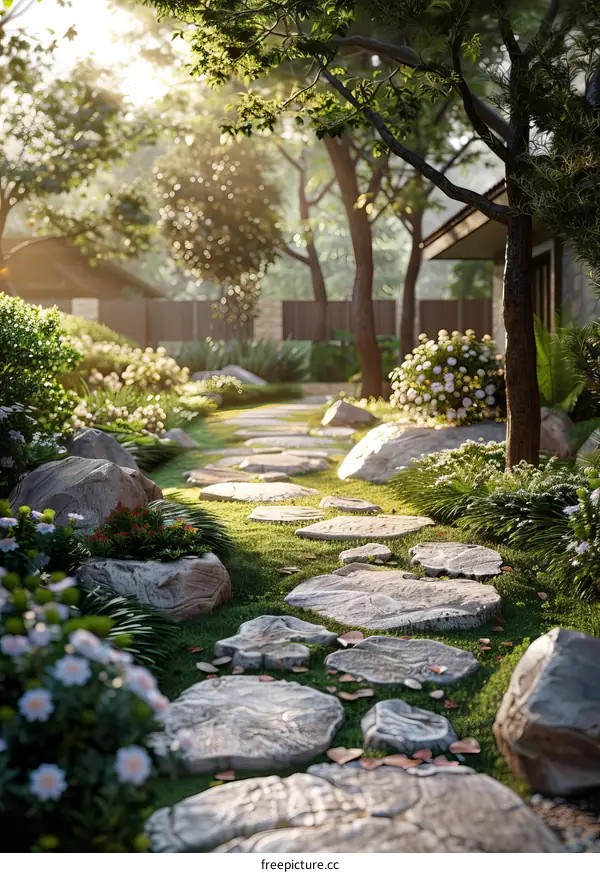 A Beautiful Garden with Stone Path and Trees