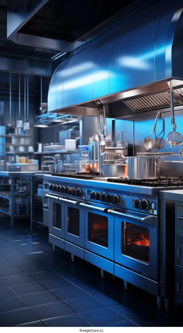 A commercial kitchen with stainless steel appliances