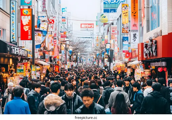 Crowded Street in Tokyo Japan with Many Signs and People Walking