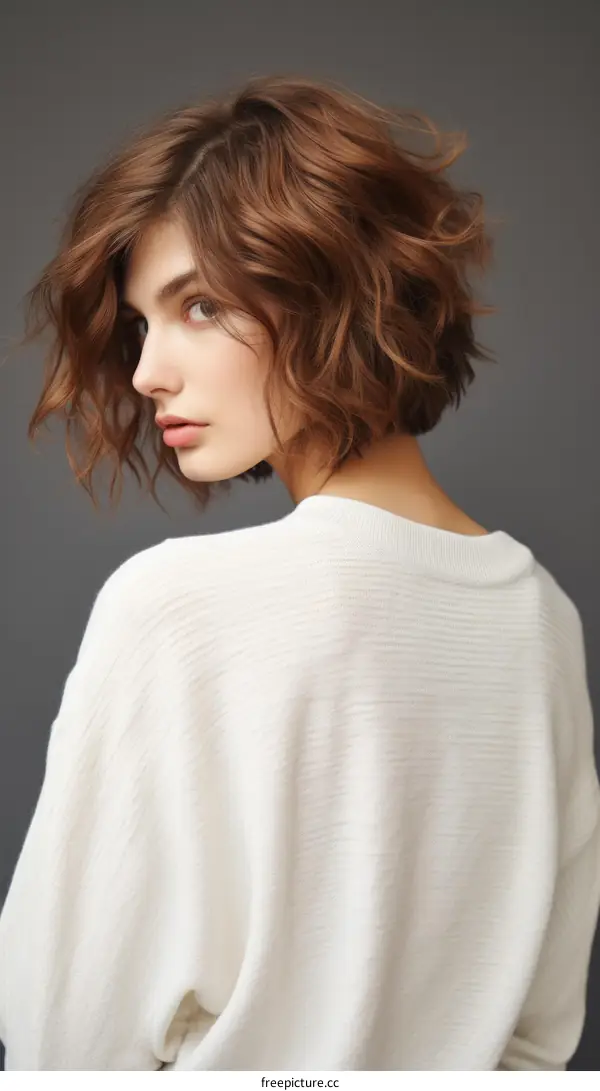 Fashion model with short brown hair wearing white sweater