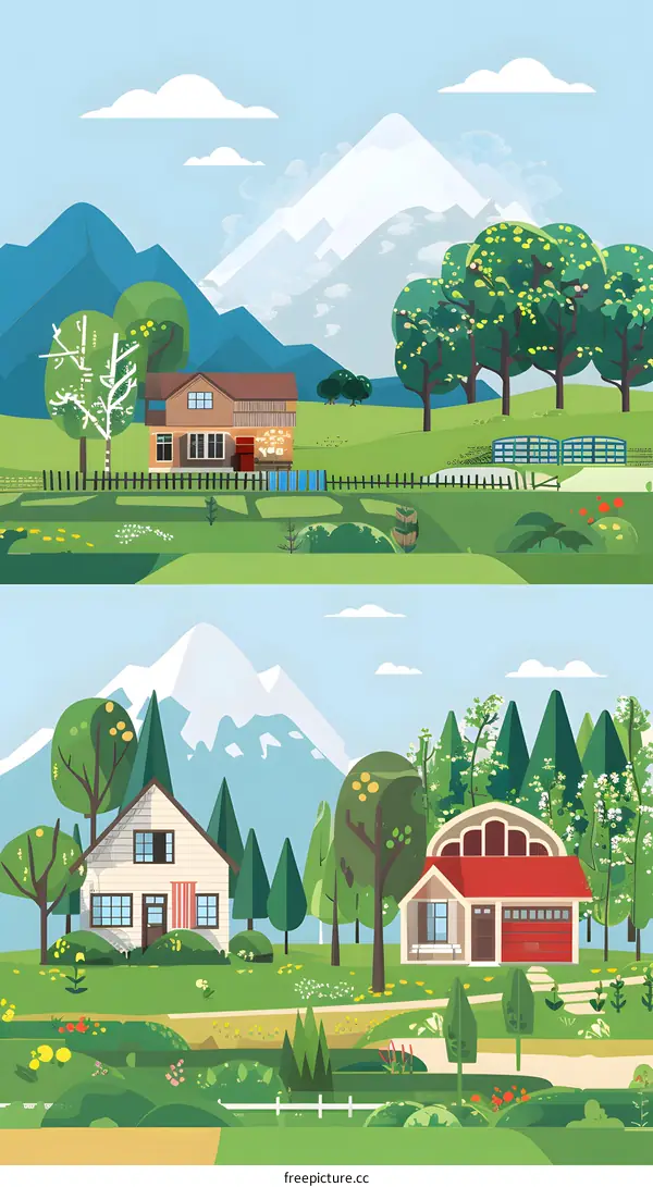 Mountain Landscape With Two Houses And Green Trees