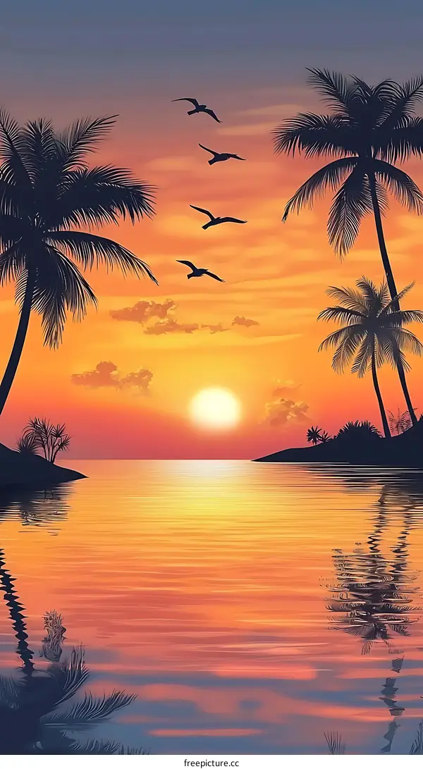 Tropical Sunset Over Ocean With Silhouettes Of Palm Trees