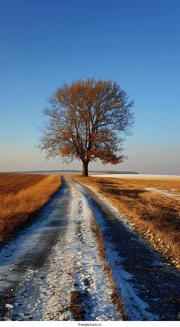 Lone Tree On Snowy Country Road