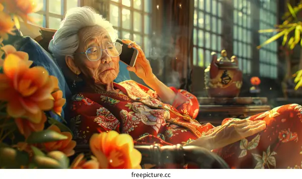 An old woman is talking on the phone
