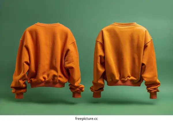 Two orange sweatshirts on a green background