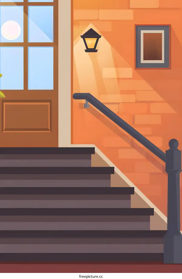 Wooden Staircase With Railing And Brick Wall Illustration