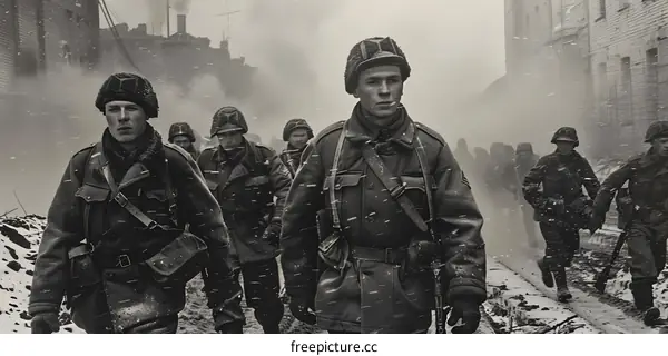 A group of soldiers walking through a snowy street during the war