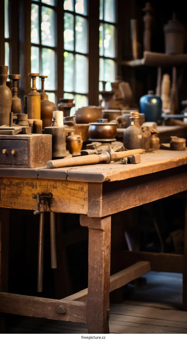 Vintage carpentry workshop with a wooden table, tools and other equipment