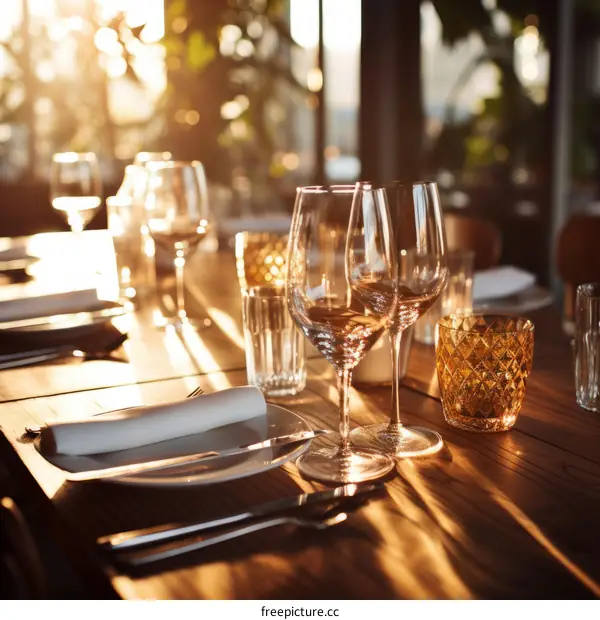 Elegant restaurant table setting with wine glasses and candlelight