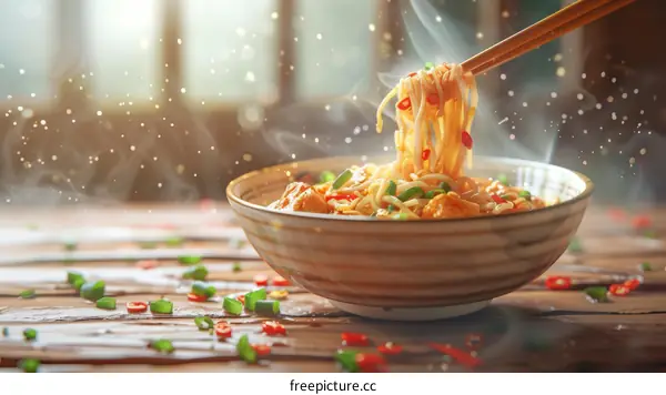 A bowl of delicious noodles with chopsticks