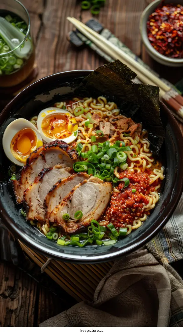 A delicious bowl of ramen with pork, egg, and vegetables