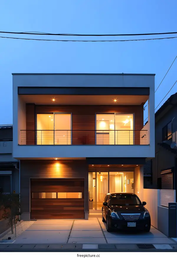 Modern Two Story House with Wooden Garage Door and Balcony