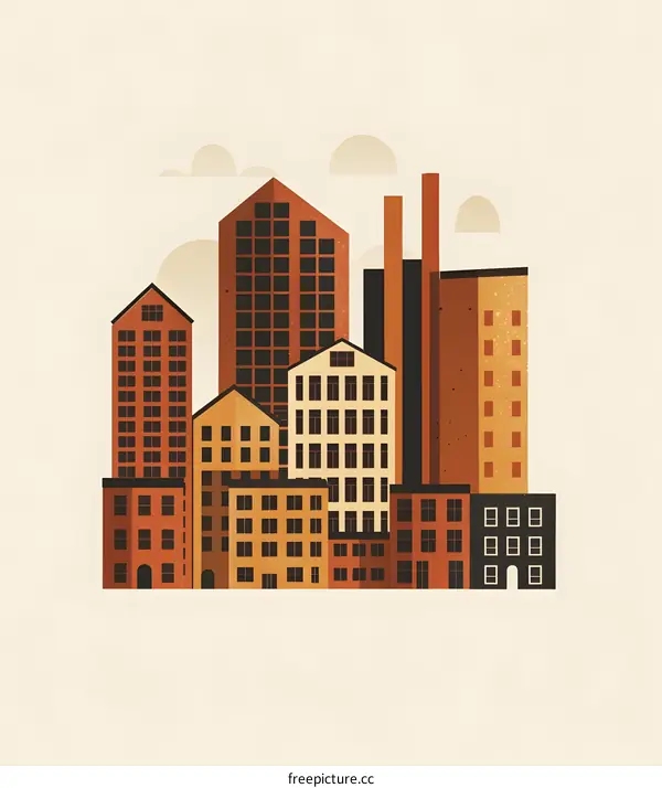 Minimalist Cityscape Illustration with Buildings and Factory