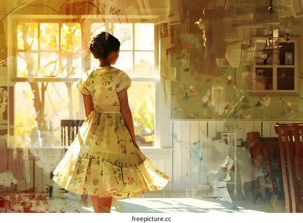 Girl in a Floral Dress Looking Out a Sunny Window