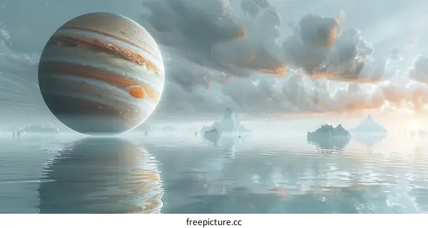 Jupiter Over a Calm Ocean on an Alien World