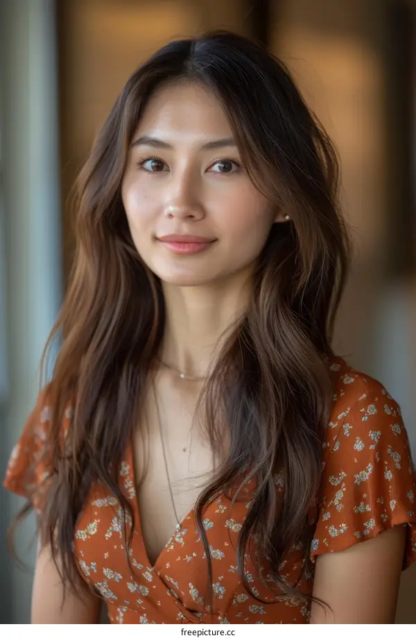 Portrait of a young Asian woman with long brown hair wearing a brown floral dress