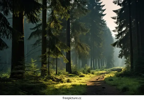 Sunlit path through a dense pine forest