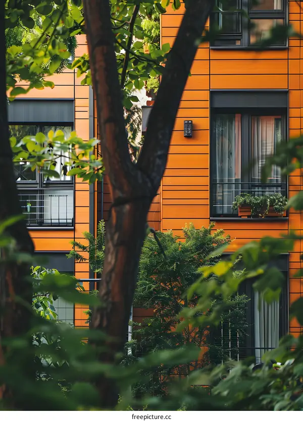 Orange Building with Green Trees and Windows